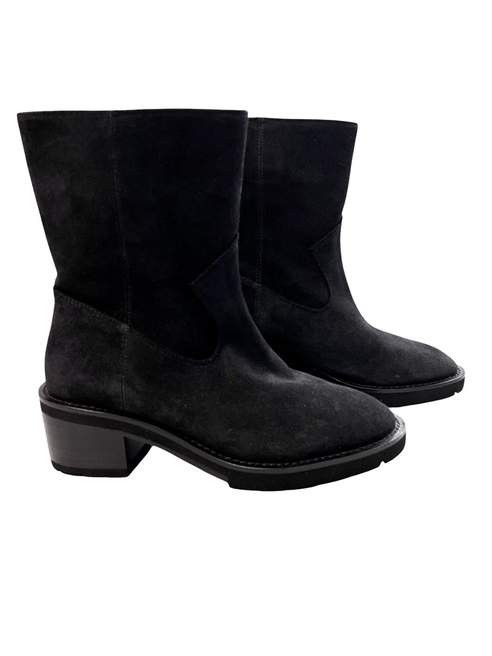 Stuart Weitzman Black Suede Ankle Boots Western Pull-On Block Heel, Size 7B